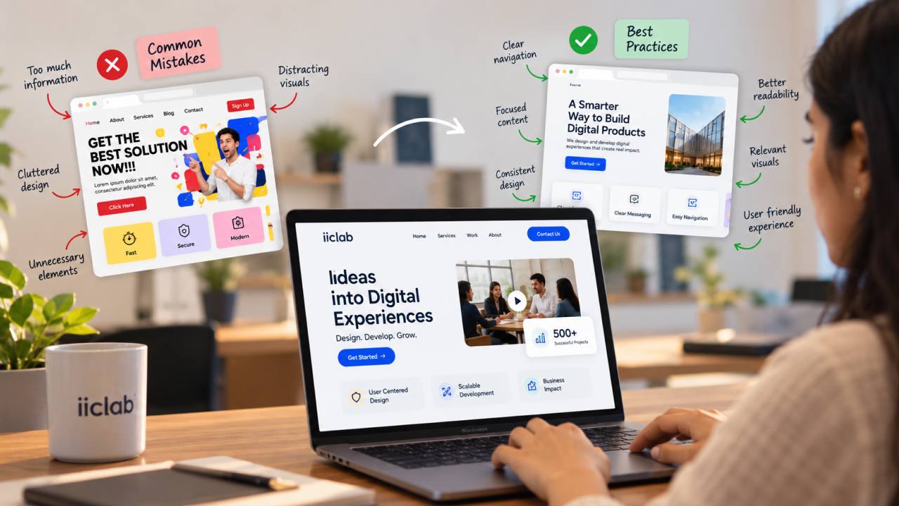 UI UX design mistakes and best practices comparison on an IICLab website interface.